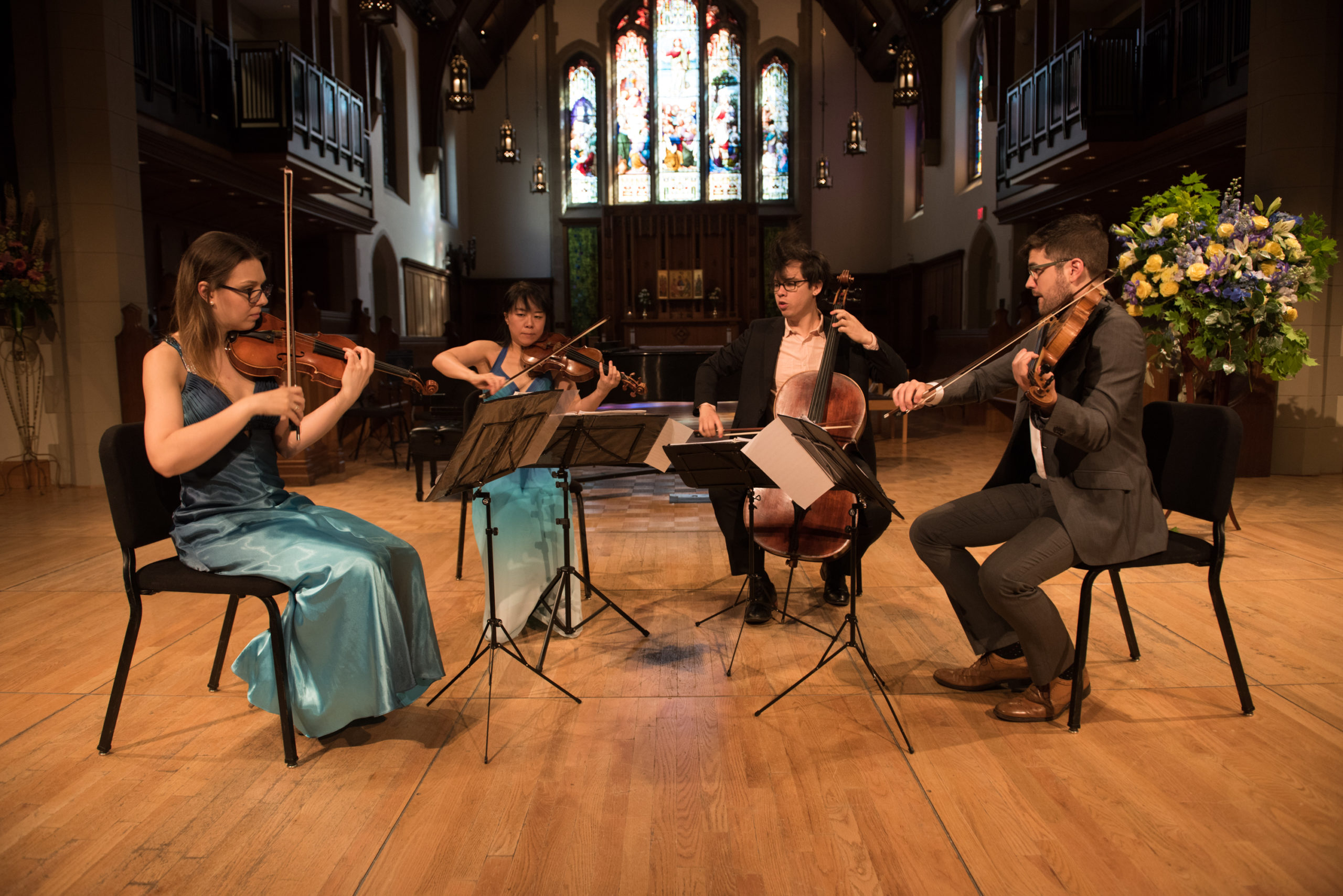 A string quartet performs at a Music in the Morning concert.